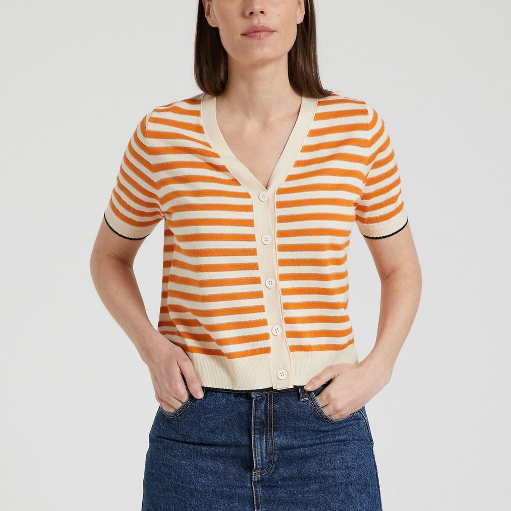 Striped Short Sleeve Cardigan with V-Neck