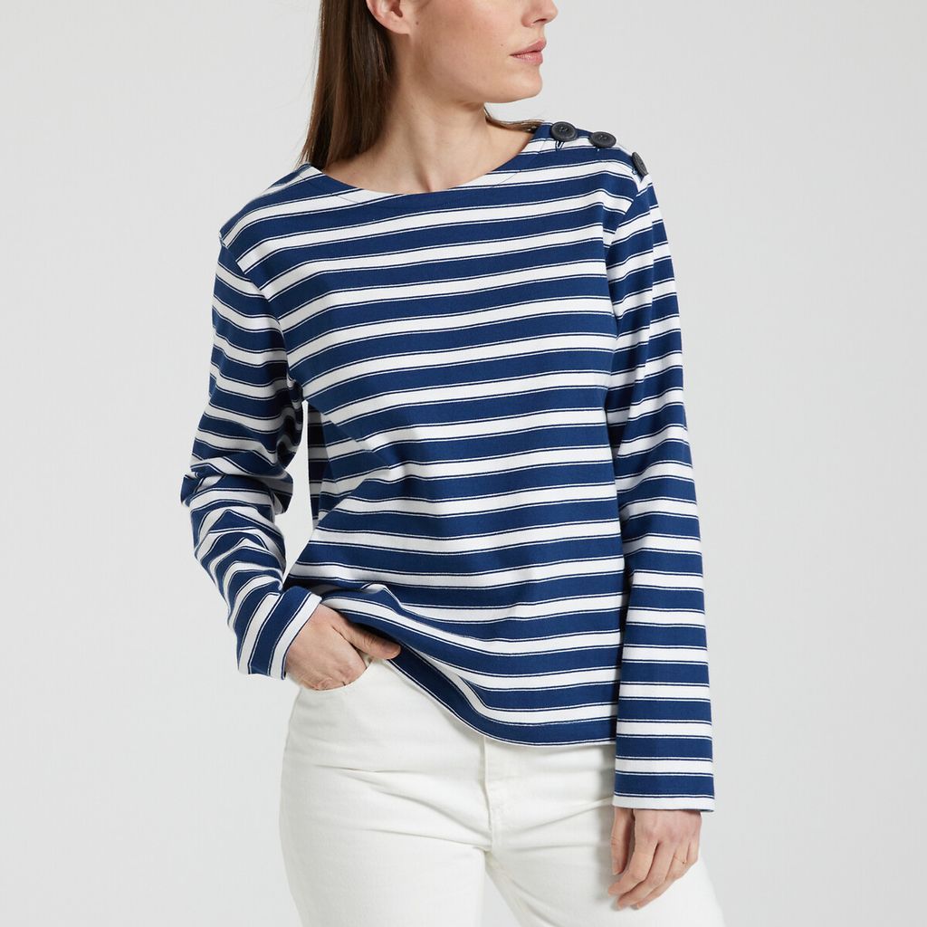 Breton Striped Cotton Jumper with Buttoned Shoulder