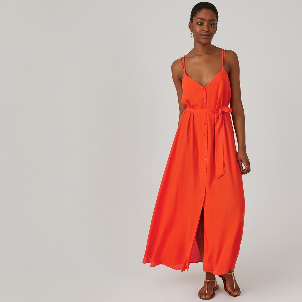 Buttoned Strappy Midaxi Dress with Tie-Waist