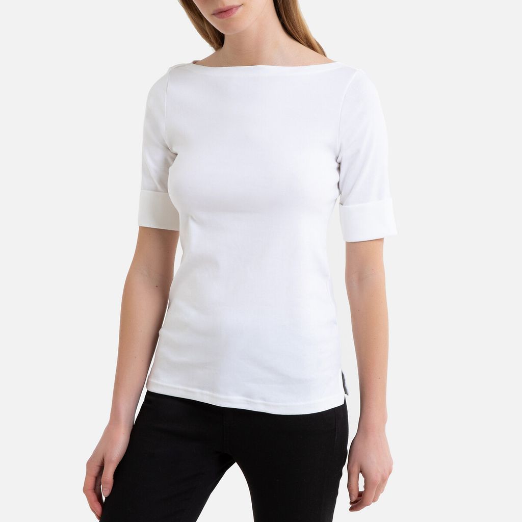 Cotton Mix T-Shirt with Boat-Neck and Short Sleeves