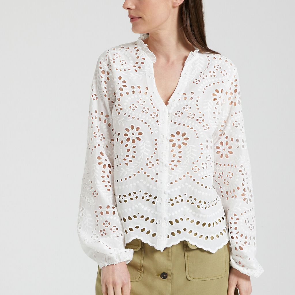 Broderie Anglaise Cotton Blouse with V-Neck