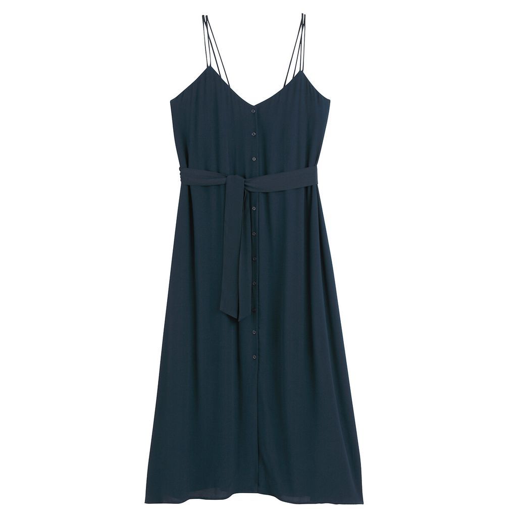 Buttoned Strappy Midaxi Dress with Tie-Waist