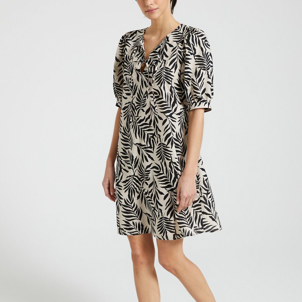 Leaf Print Dress in Organic Cotton with Short Puff Sleeves