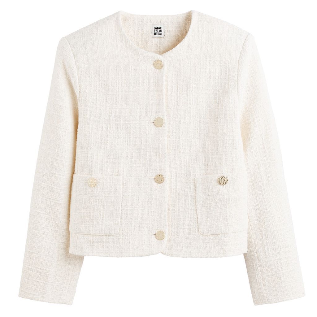Cotton Tweed Boxy Jacket with Round Neck