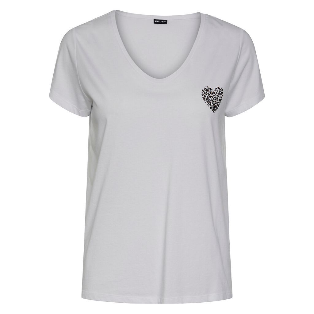 Heart Print Cotton T-Shirt with V-Neck