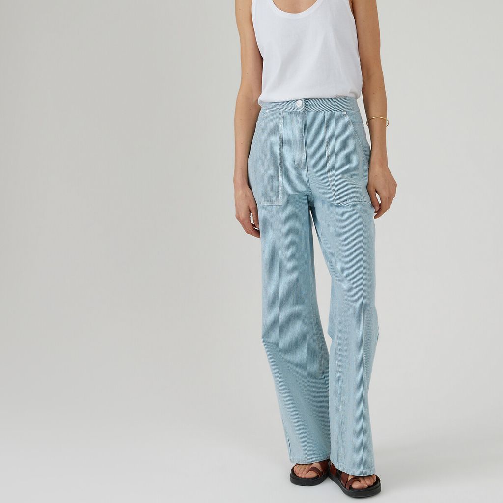Striped Wide Leg Trousers in Cotton Drill, Length 30.5