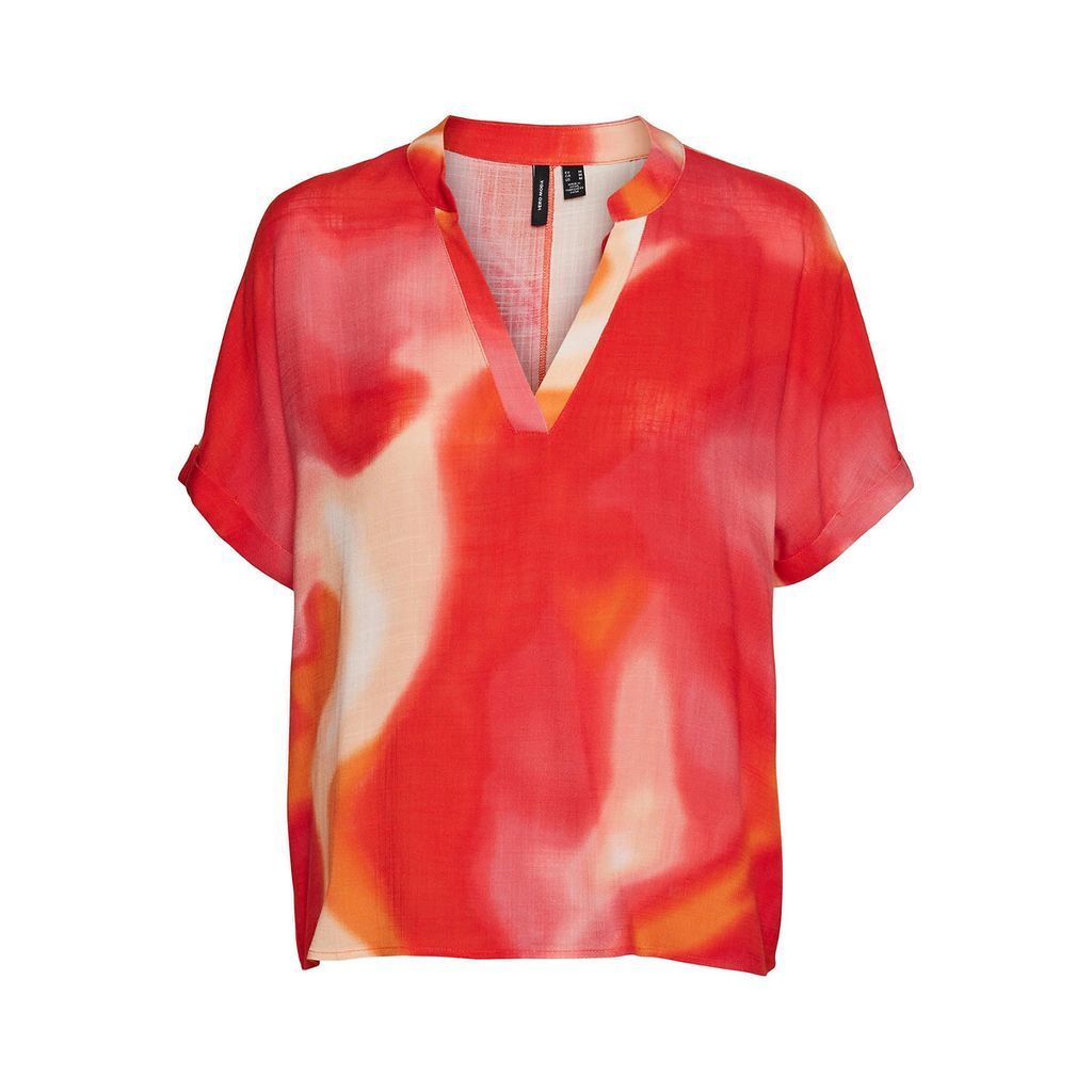Tie Dye Print Blouse with V-Neck and Short Sleeves