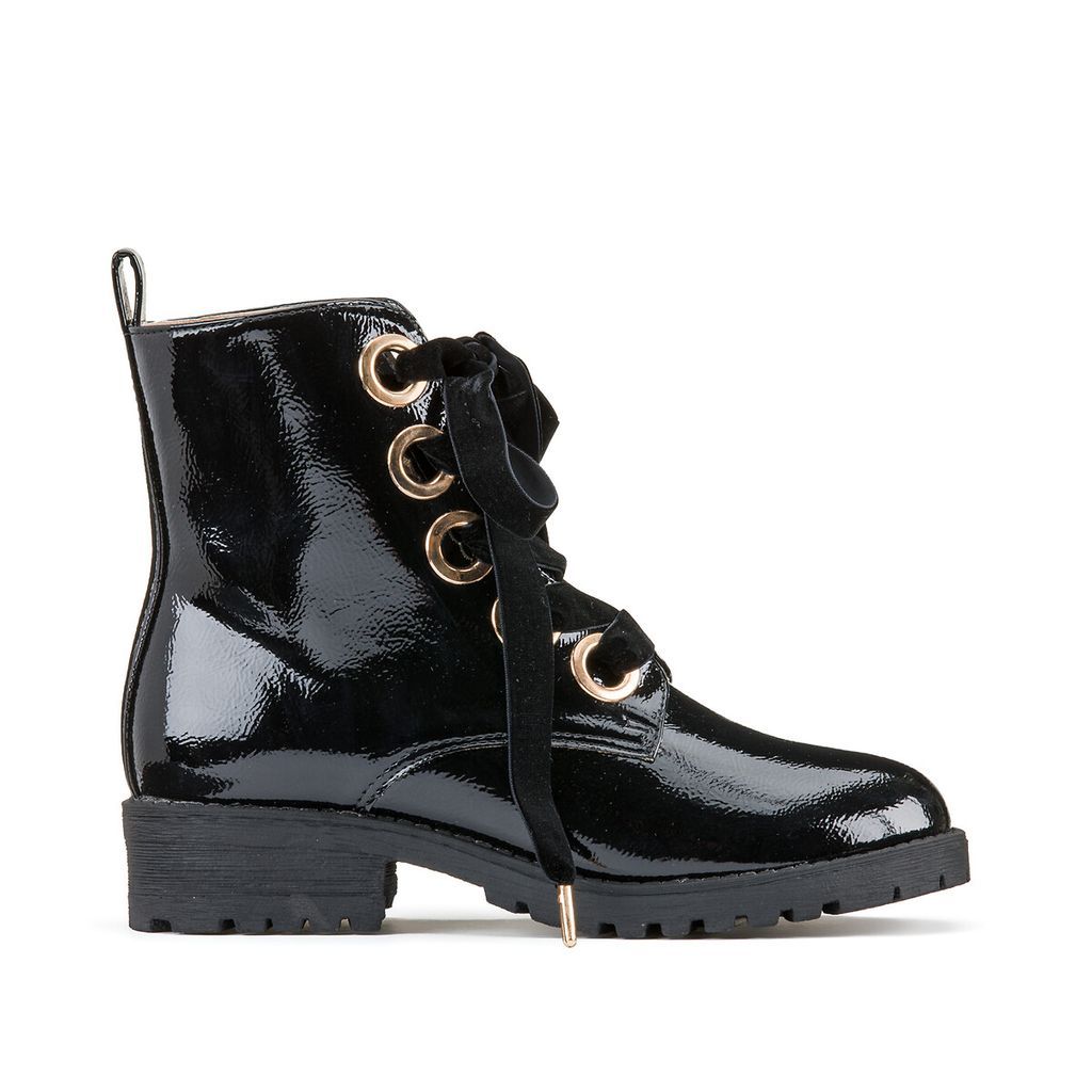 Lacquered Lace-Up Ankle Boots with Golden Eyelets