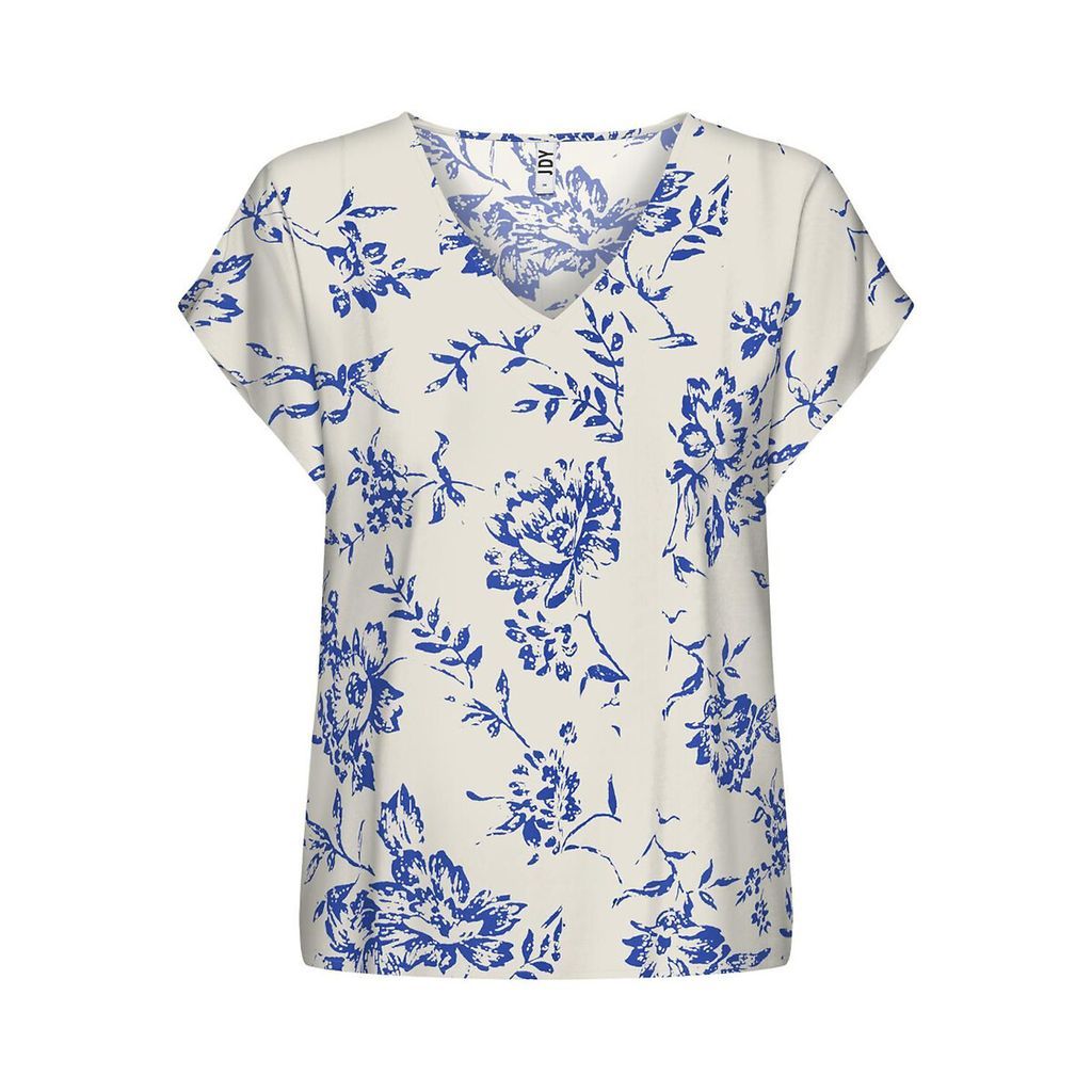 Floral/Leaf Print Blouse with V-Neck and Short Sleeves