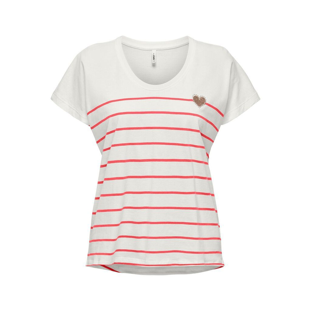 Striped Cotton T-Shirt with Heart Print on Front