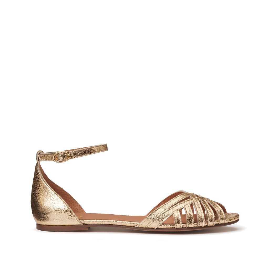 Metallic Leather Sandals with Ankle Strap and Flat Heel