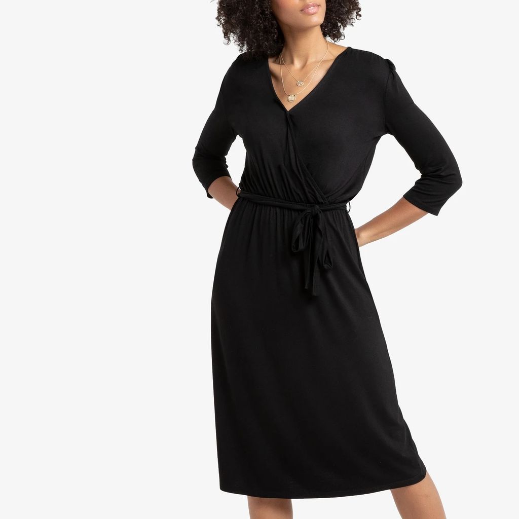Jersey Wrapover Midi Dress with Long Sleeves
