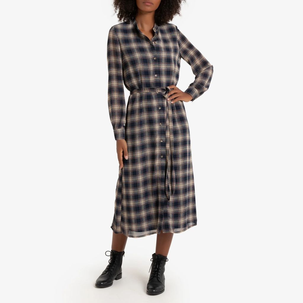 Checked Buttoned Midaxi Dress with Tie-Waist and Long Sleeves
