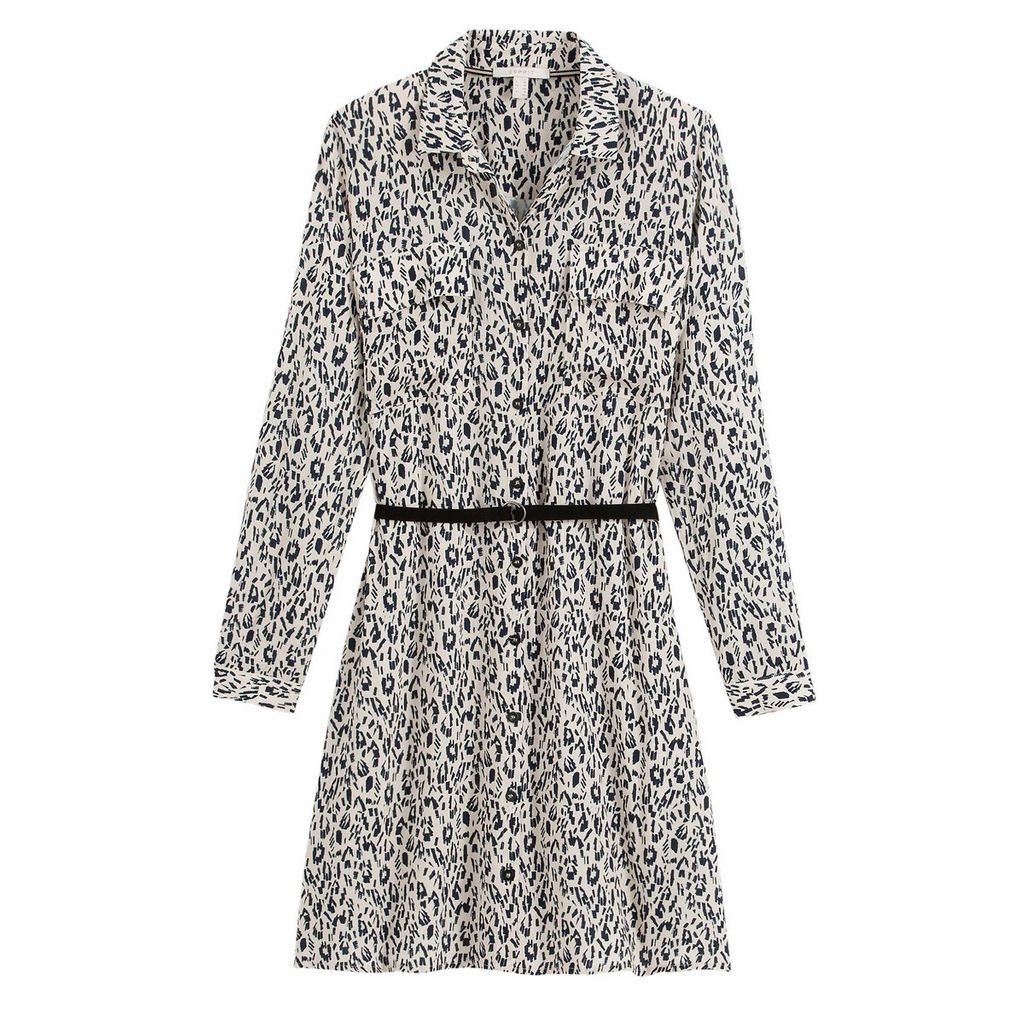 Knee-Length Shirt Dress in Leopard Print with Tie-Waist and Long Sleeves