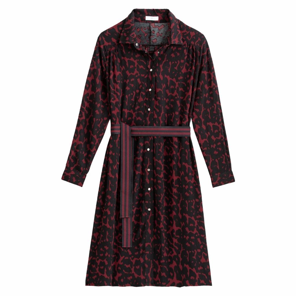 Leopard Print Shirt Dress in Mid-Length with Long Sleeves and Tie-Waist