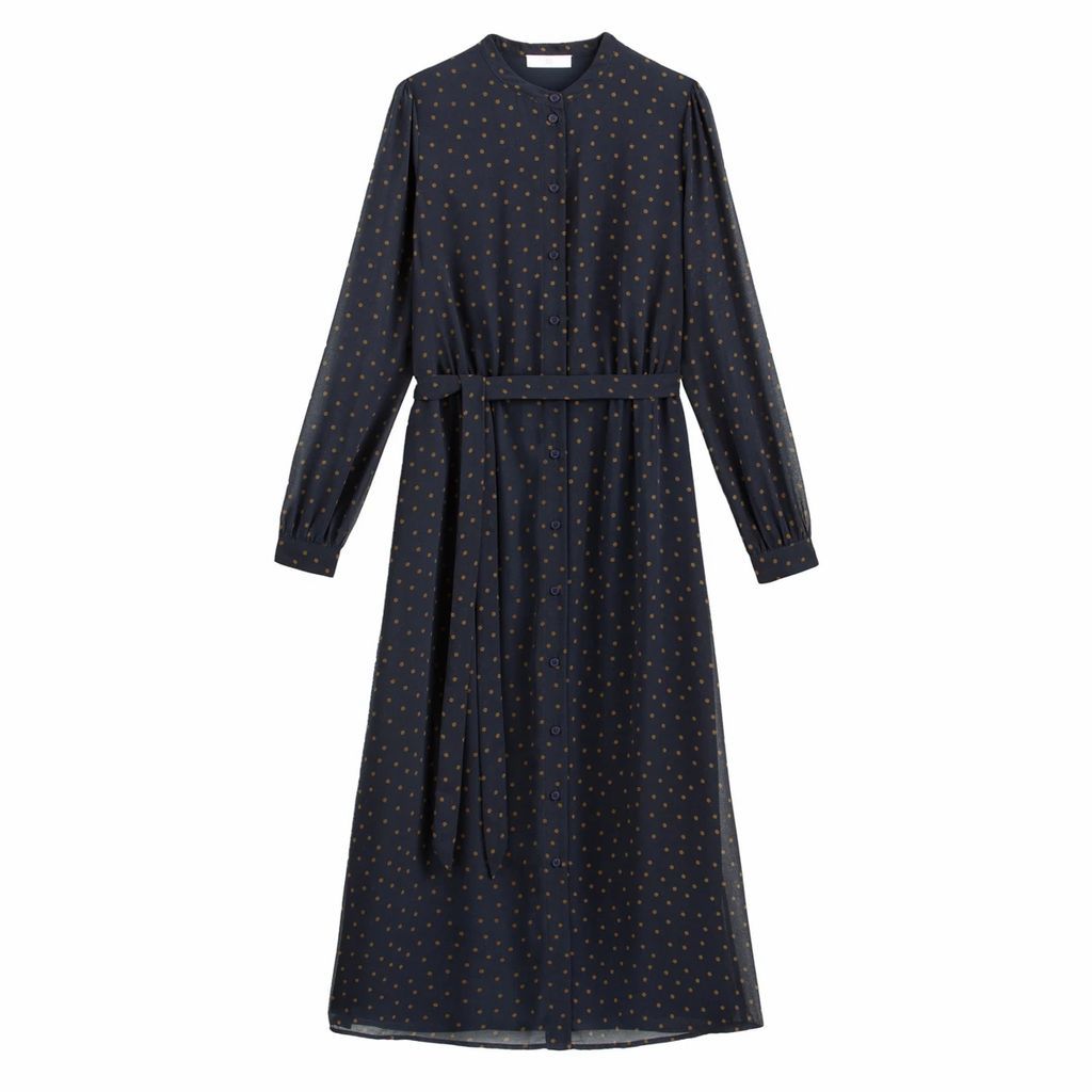 Midaxi Shirt Dress in Polka Dot with Long Sleeves and Buttons
