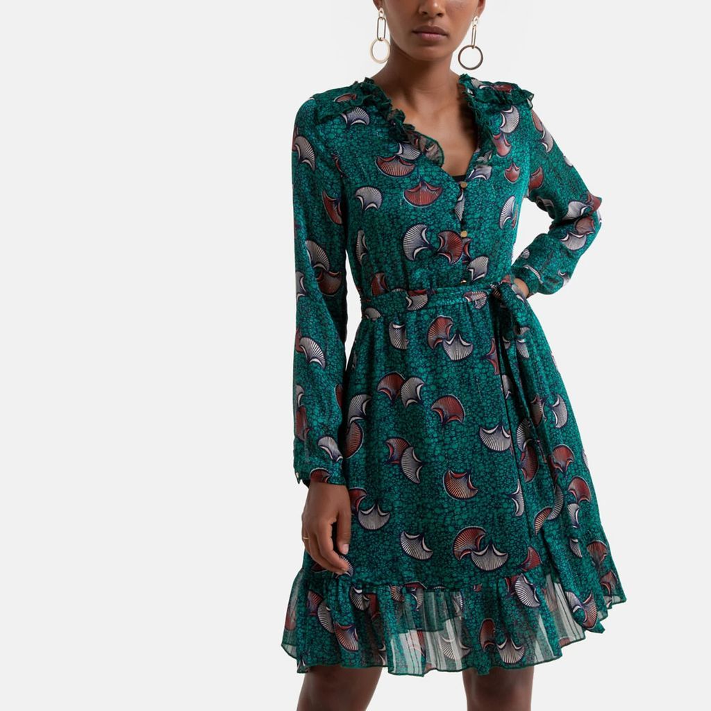 Patterned Mini Dress with Tie-Waist and V-Neck
