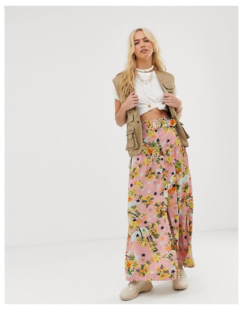 high waist midi skirt with self belt in palm print-Multi