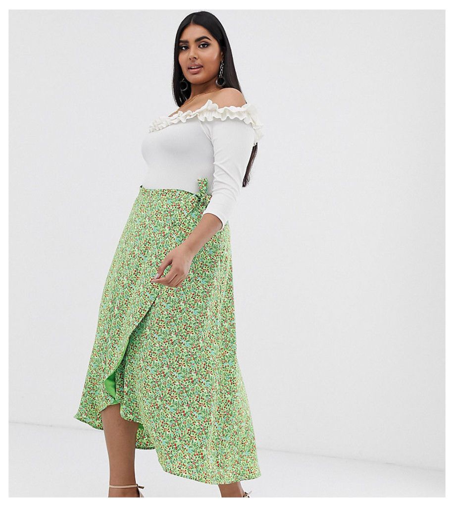 Fashion Union Plus wrap midi skirt in ditsy floral-Green