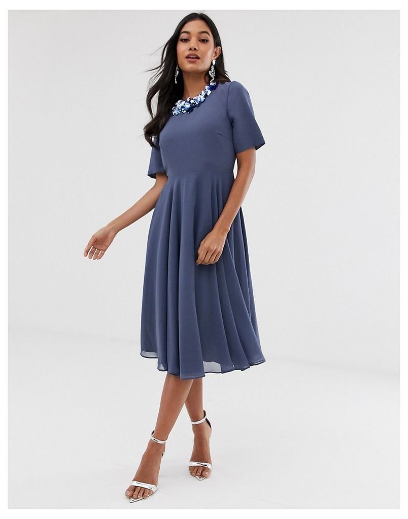 crop top embellished neckline midi dress-Blue