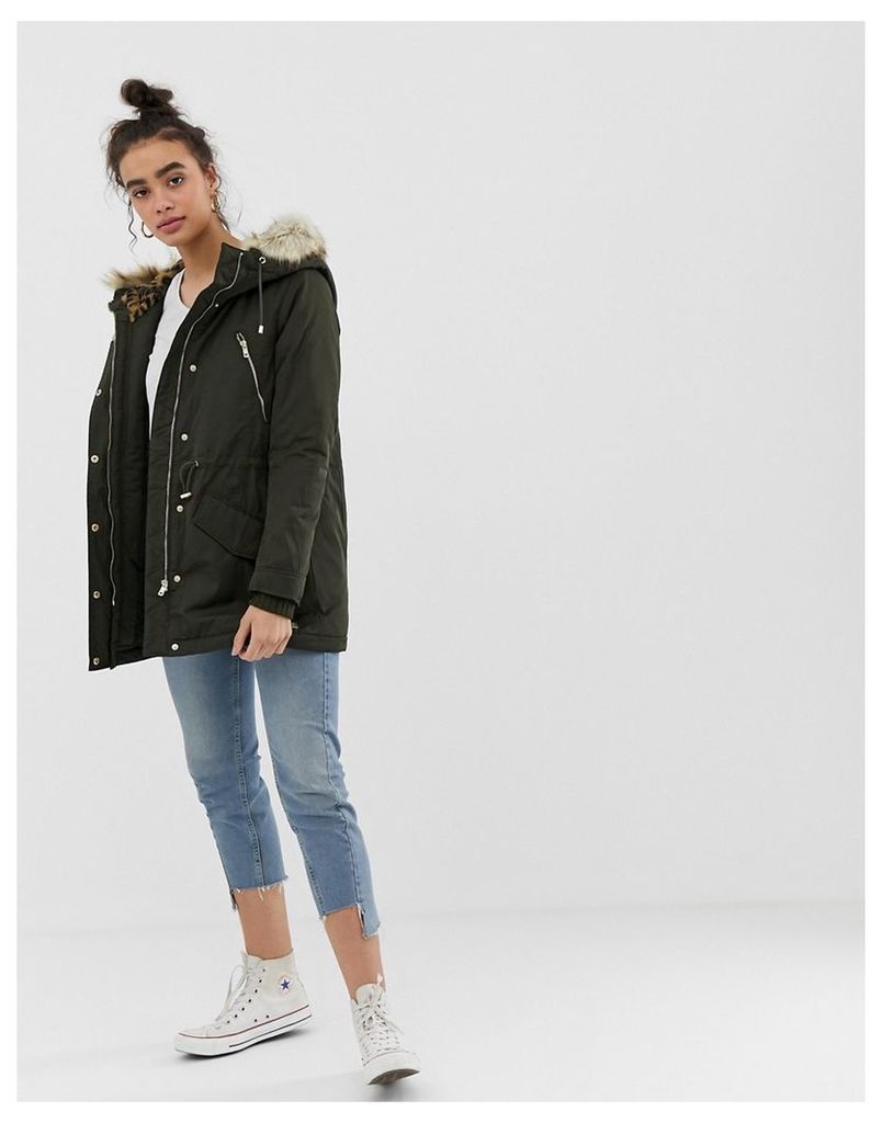 Only Leonora Longline Parka Coat with Faux Fur Trim-Green