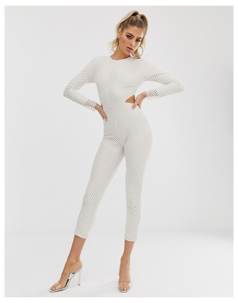 Club L London mesh cutout side catsuit in white