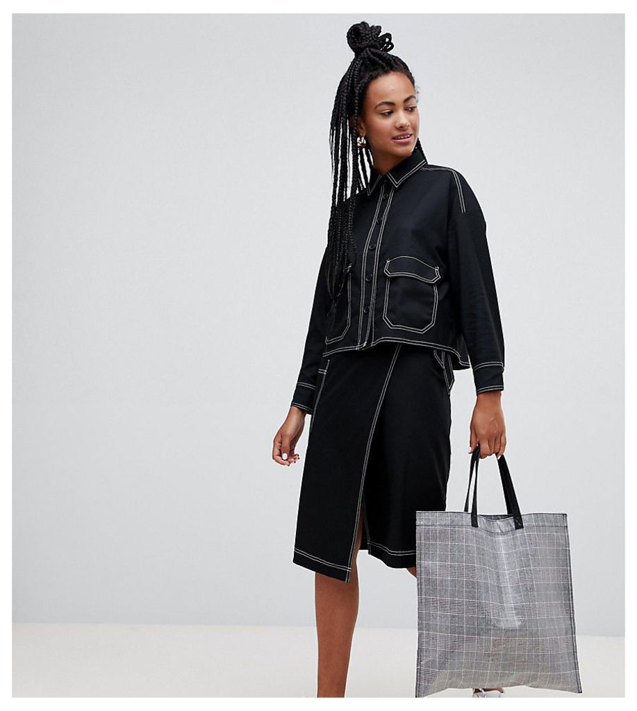 Monki cross front midi skirt in black with contrast stitching