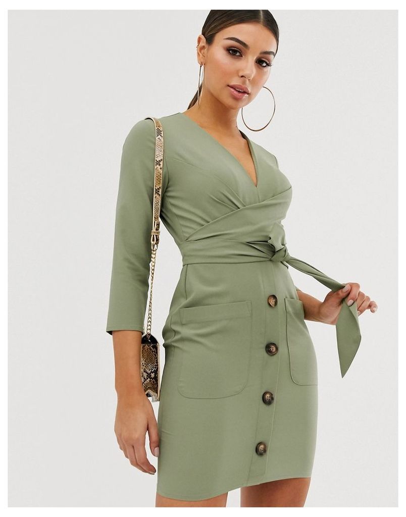 button through tie wrap around mini dress-Green
