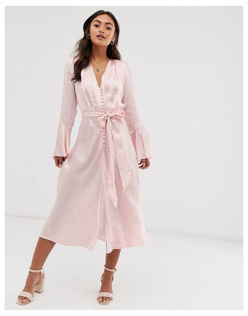 annabelle satin button front midi dress in daisy print-Pink