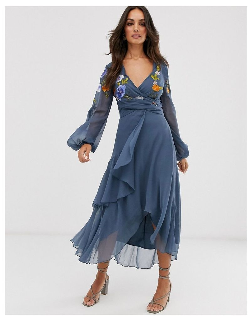 wrap midi dress with garden floral embroidery-Blue