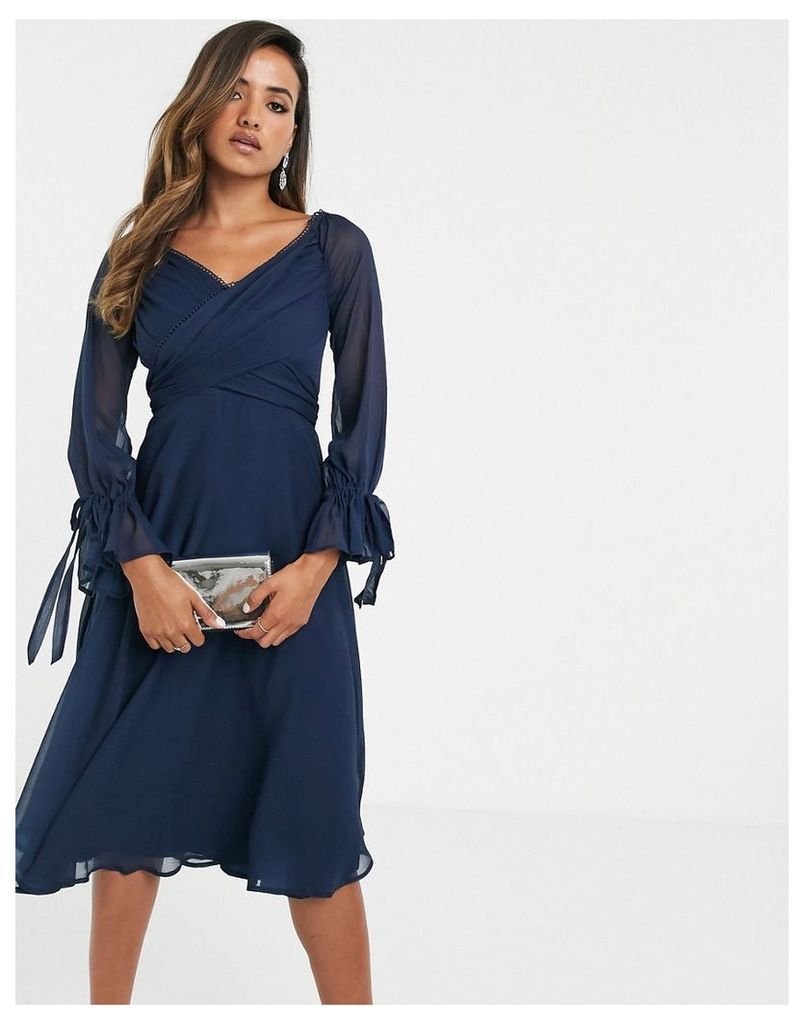 midi dress with layered skirt and wrap waist with lace trim detail-Navy