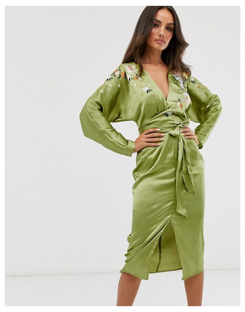 batwing midi dress in satin with embroidery-Green