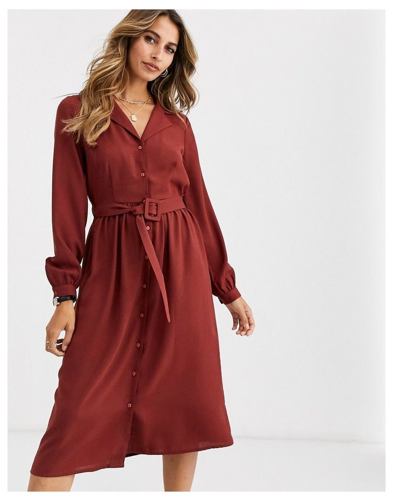 midi shirt dress with fabric covered belt in brown