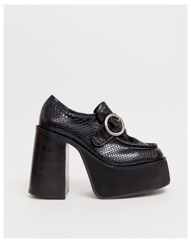 platform snake effect heeled loafers with buckle detail-Black