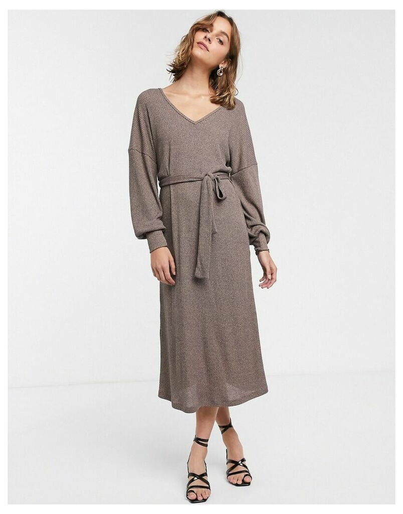 long sleeve oversized rib marl belted midi dress in brown-Yellow