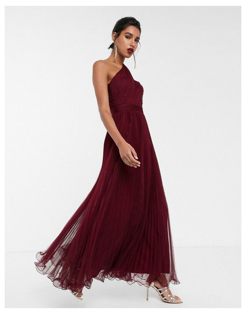 one shoulder tulle wired hem maxi dress in oxblood