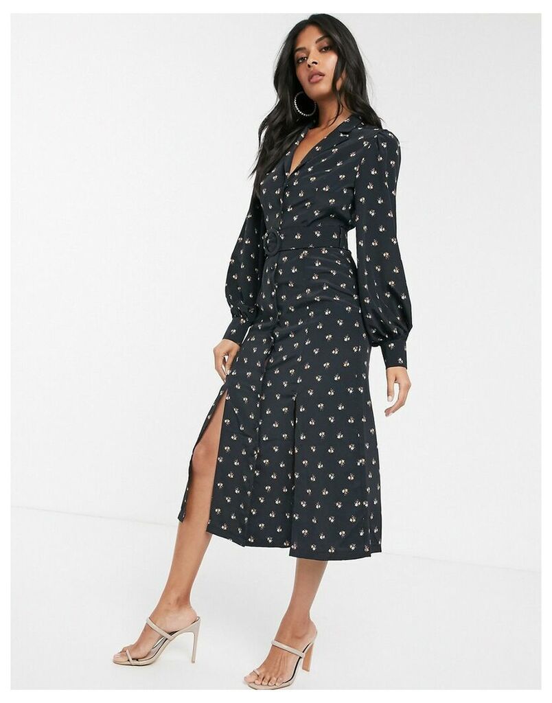 shirt dress with belted waist in allover ditsy floral-Black