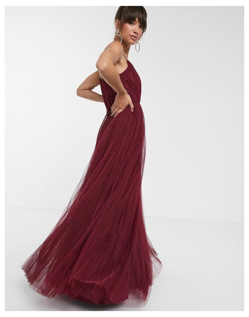 cami pleated tulle maxi dress in oxblood-Red