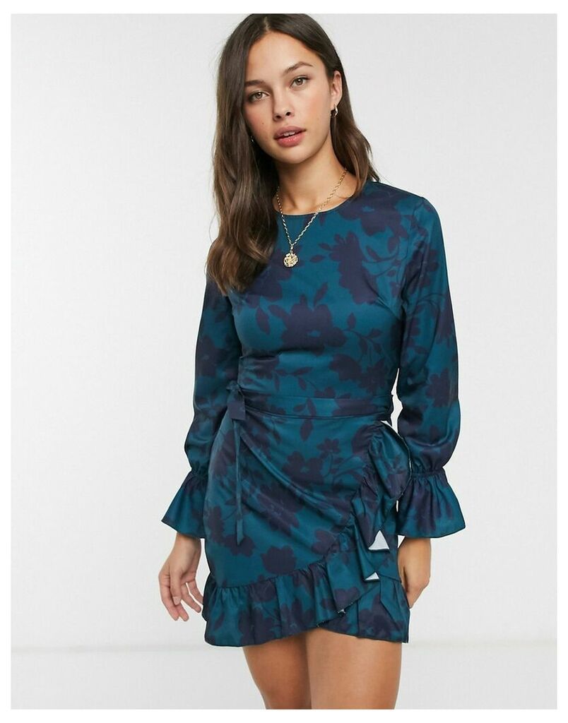 wrap front dress in inky floral print-Blue