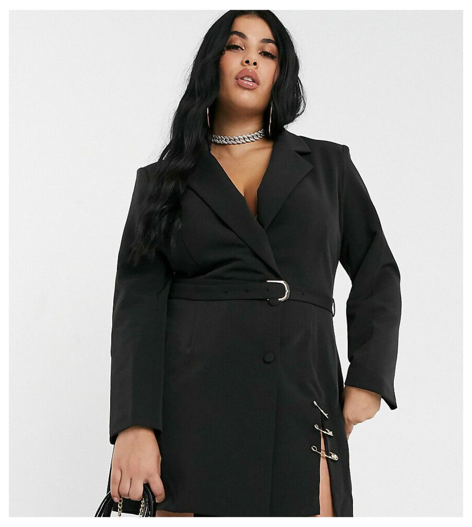 mini belted blazer dress with safety pin hardware-Black