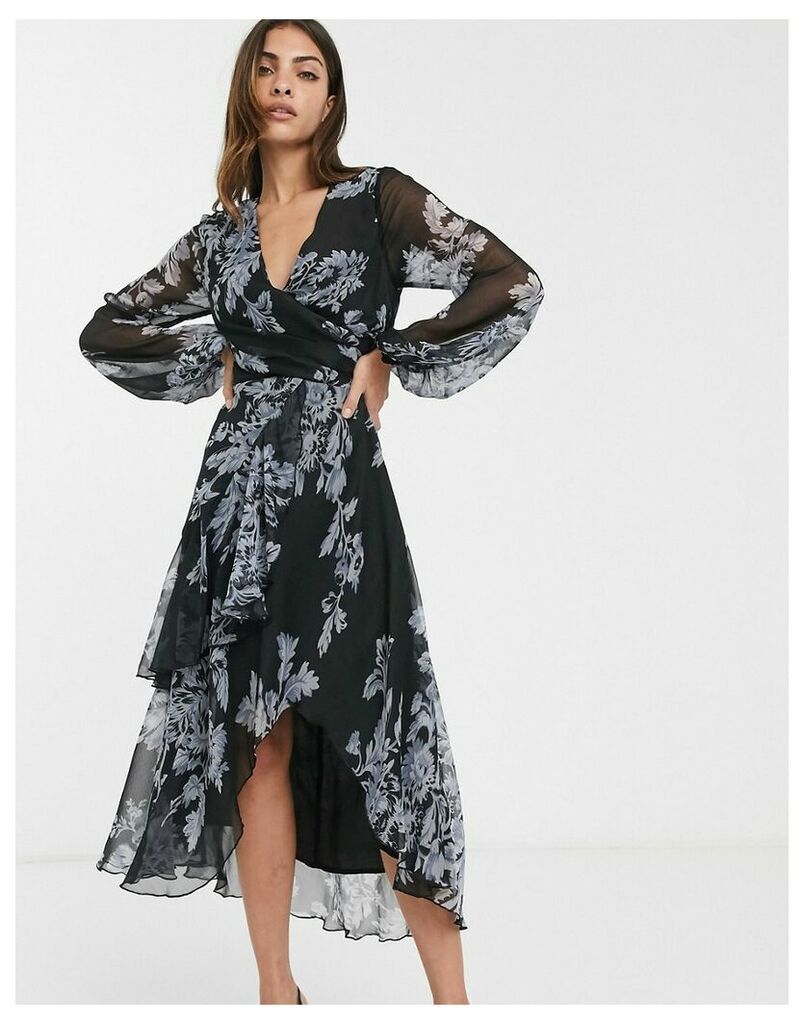 wrap waist midi dress with double layer skirt and long sleeve in floral print-Multi