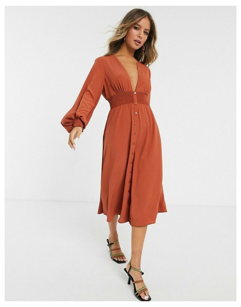 long sleeve button through midi dress with shirred waist in rust