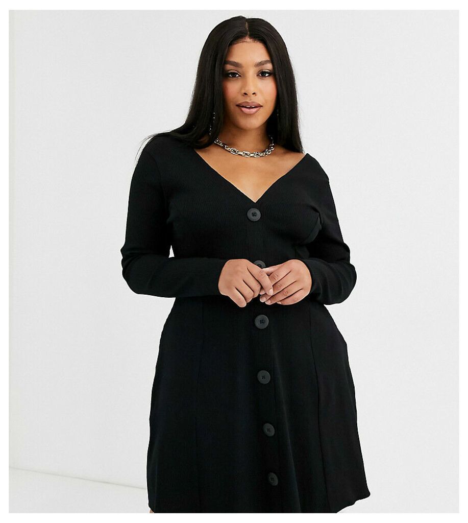 ASOS DESIGN Curve long sleeve button through rib tea dress with large buttons in black
