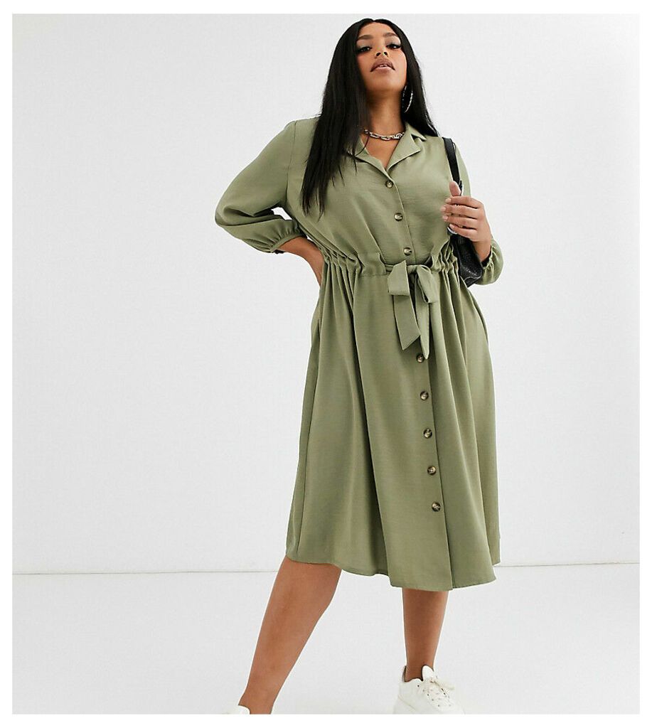 ASOS DESIGN Curve button through midi shirt dress with ruched waist in light khaki-Green