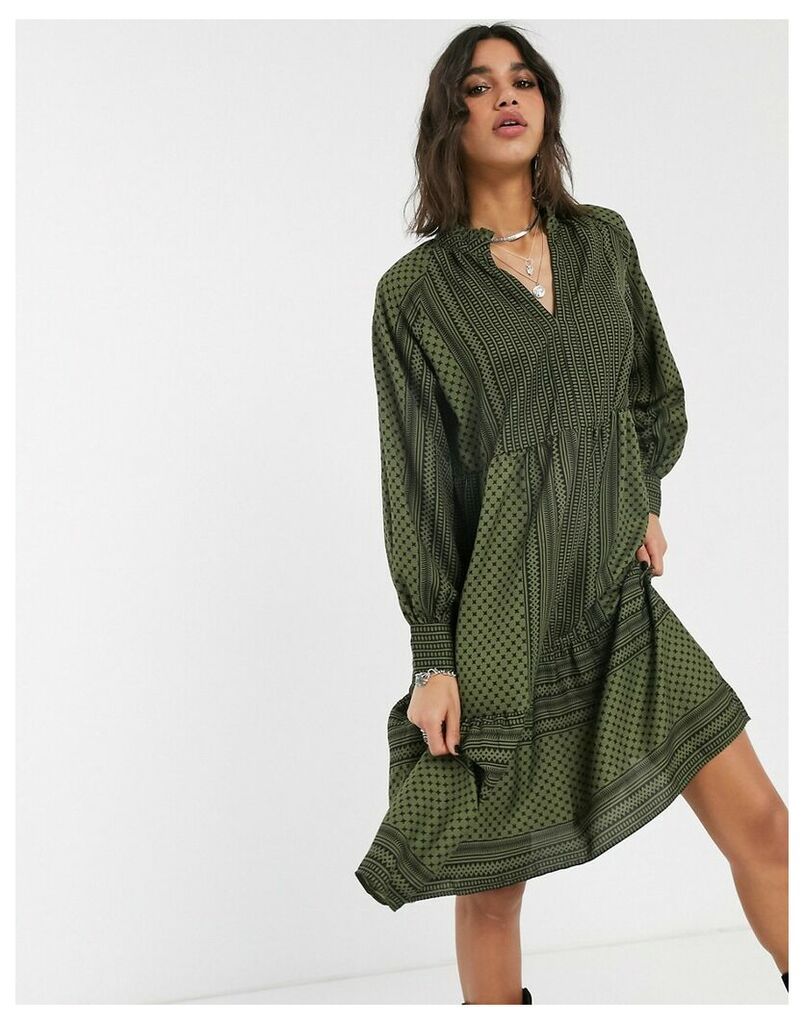 smock dress in khaki abstract print-Green