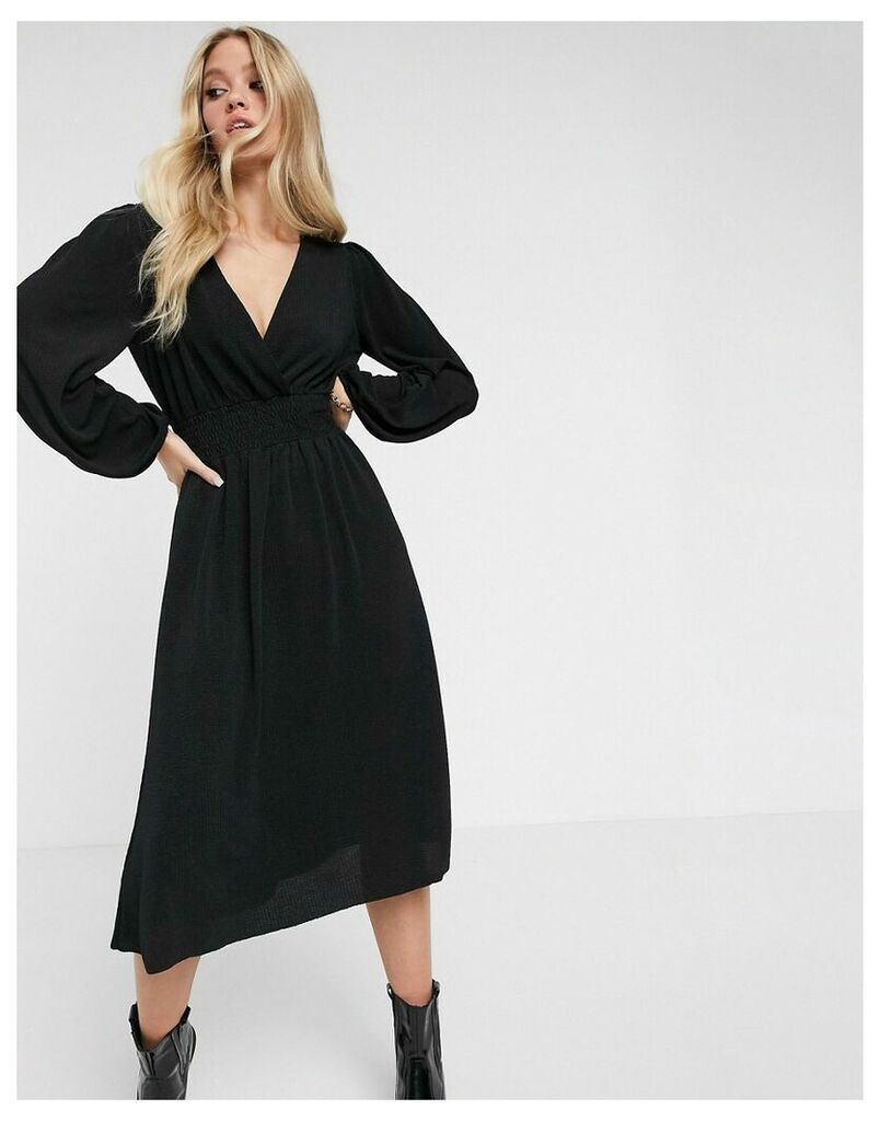 wrap dress with shirred waist in black