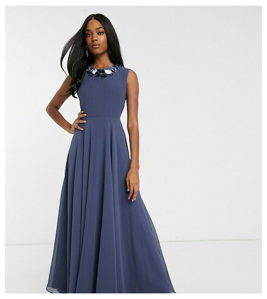 maxi dress with 3D embellished neckline-Blue