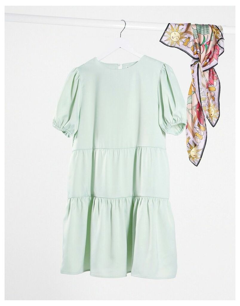 smock dress with puff sleeve-Green