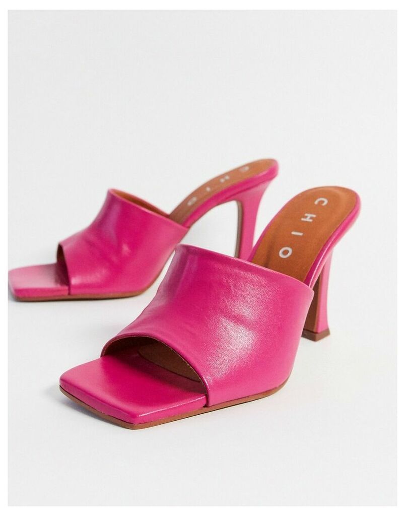 heeled leather mules with square toe in fuchsia leather-Pink