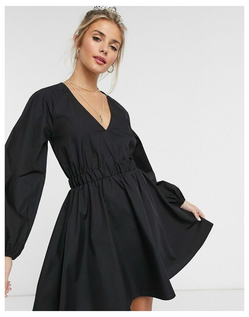 v neck cotton poplin elasticated waist mini dress in black